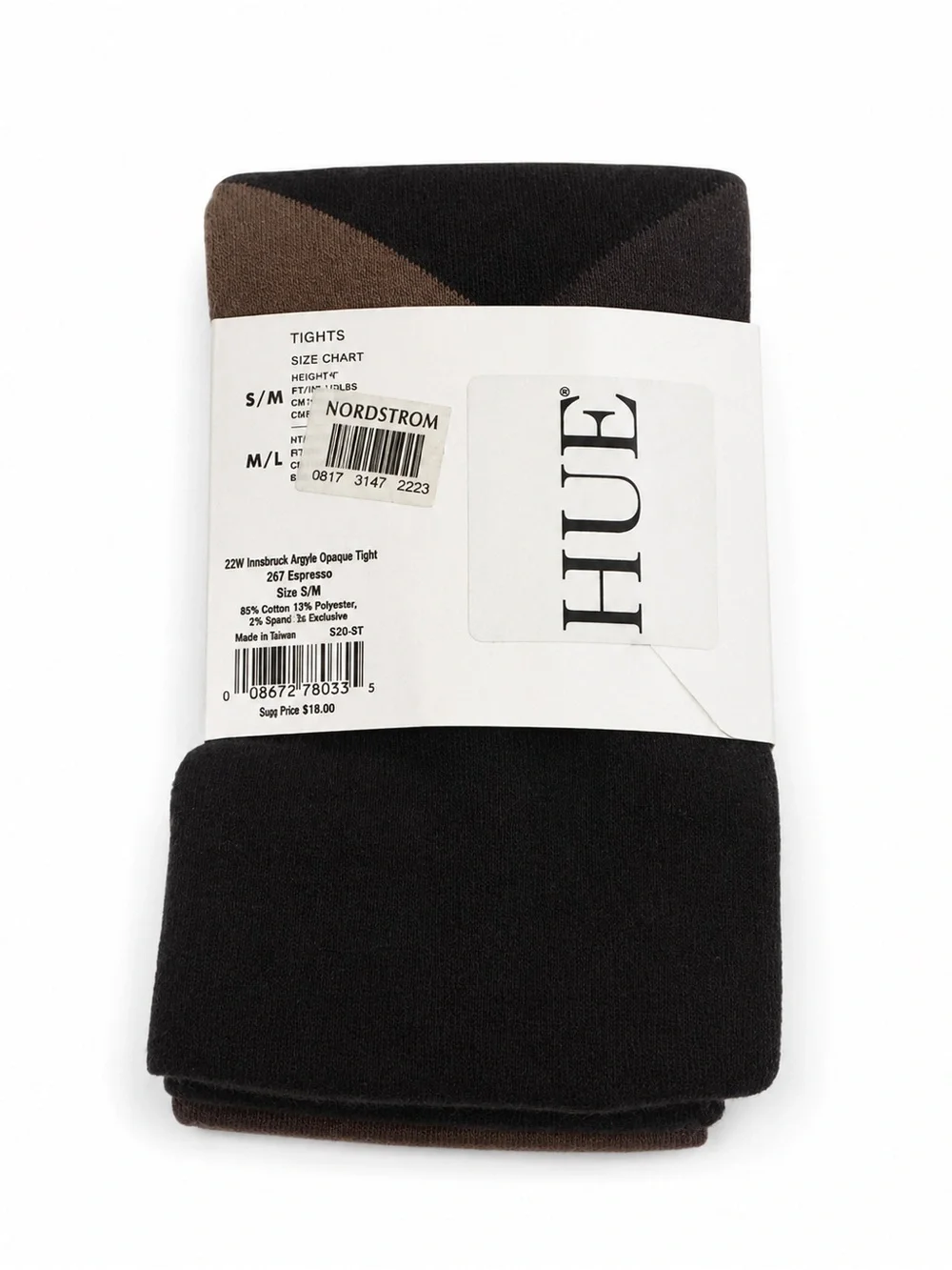 HUE d’Luxe Innsbruck Argyle Opaque Tights Espresso S/M NWT